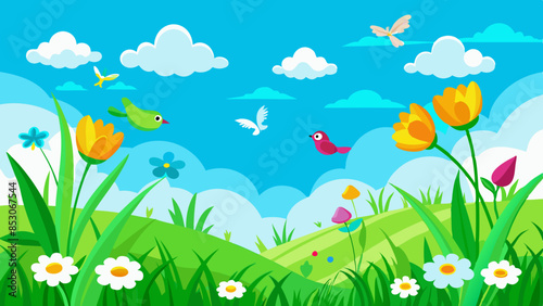 spring-green-grass--flowers--flying-birds--blue-sk