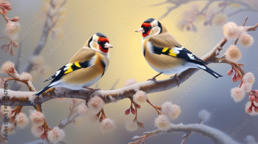 Fototapeta premium Two colorful goldfinches are sitting on a tree branch with small flowers. The background is blurred, creating a soft focus effect.
