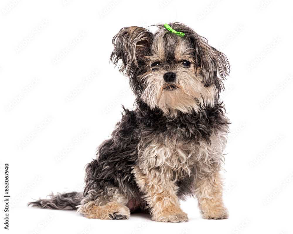 Crossbreed dog sitting and looking curious with green ribbon Crossbreed dog sitting and looking curious with green ribbon