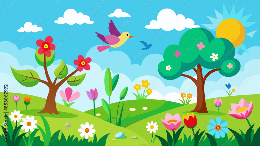 Obraz premium spring-green-grass--flowers--flying-birds--blue-sk