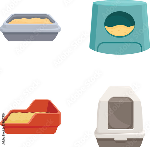 Illustration of four different styles of cat litter boxes, isolated on a white background