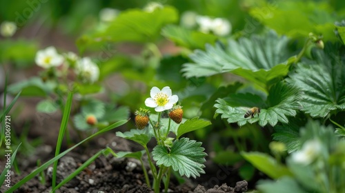 Growing a blossoming strawberry plant with white blooms and a bee perched on it Growing berries in a backyard