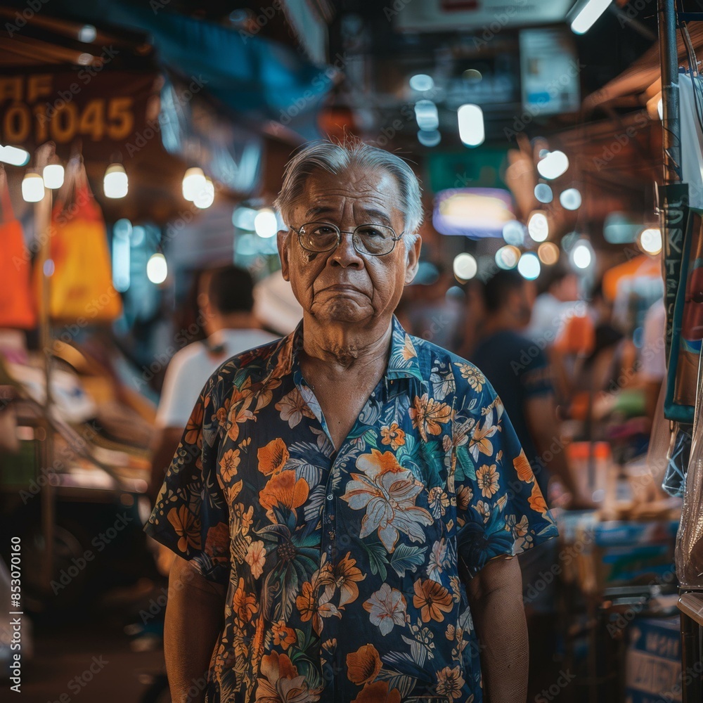 Portrait of a senior man with glasses and a floral shirt looking at the camera with a neutral expression. AI. Portrait of a senior man with glasses and a floral shirt looking at the camera with a neutral expression. AI.