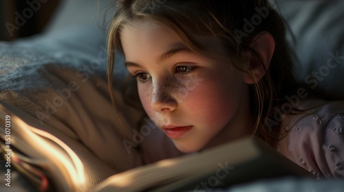A young girl lying in bed reading a book. © ProPhotos