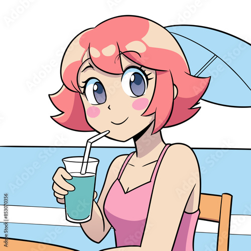 anime girl with short pink hair, wearing a summer dress, enjoying a glass of milk at a beachside cafe
