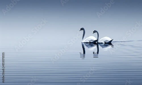Two swans swimming in a lake. AI. photo