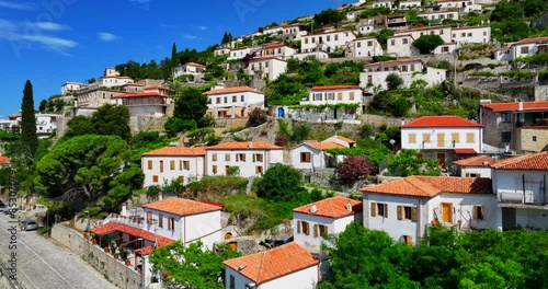 Aerial view of Vuno, a small village with traditional Albanian houses in southern Albania.  photo