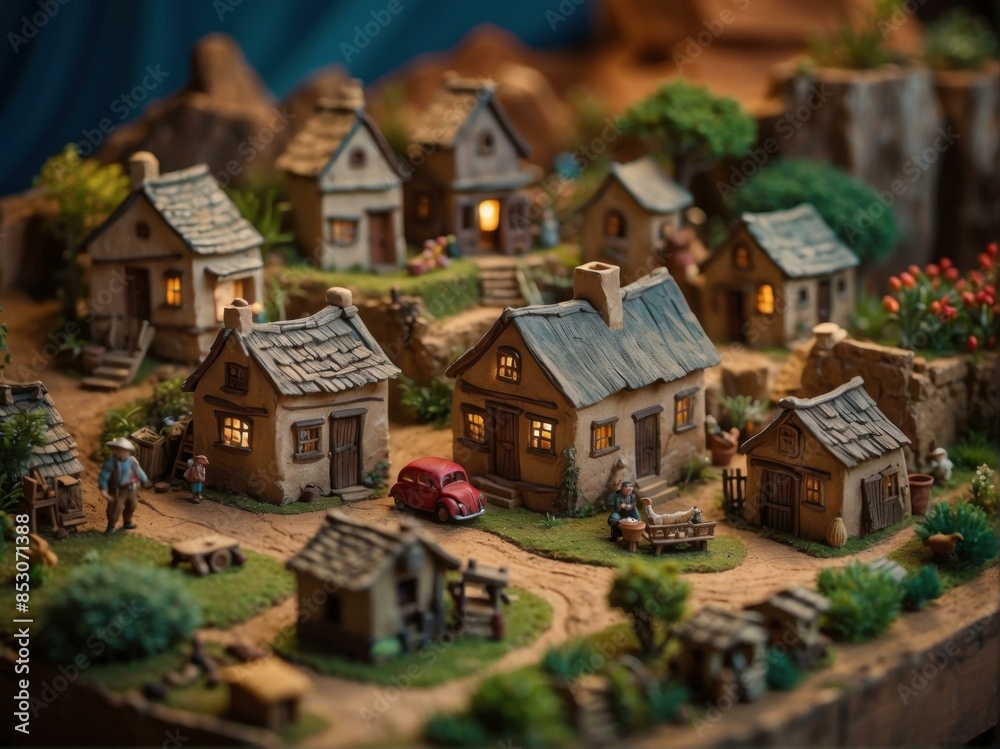 A diorama of a small village with several houses, people, and animals. AI. A diorama of a small village with several houses, people, and animals. AI.
