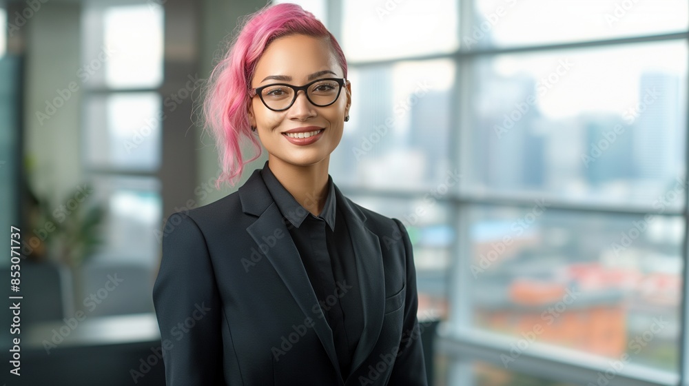 Mixed race woman in stylish black suit smiles in office, large windows show city skyline. Mixed race woman in stylish black suit smiles in office, large windows show city skyline.