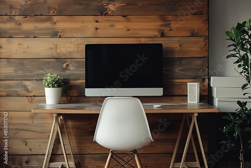 Modern home office with wooden wall, desk, and plants