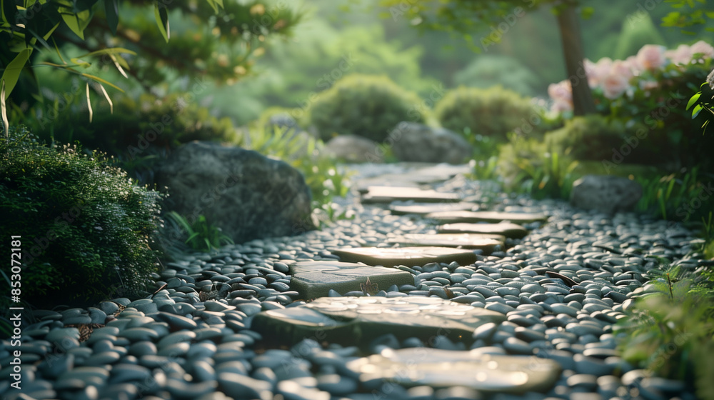Pebble pathway in a serene Japanese garden Pebble pathway in a serene Japanese garden