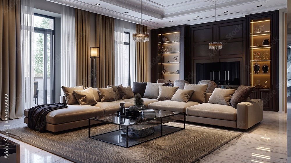 Luxury and stylish apartment interior architecture. Design of living room in modern classic style, 3D rendering. Luxury and stylish apartment interior architecture. Design of living room in modern classic style, 3D rendering.