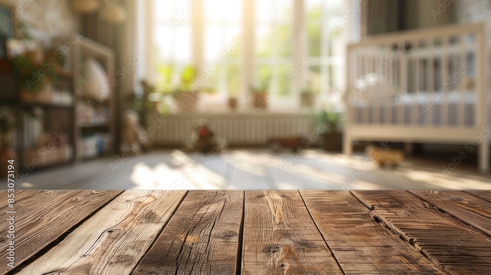 Wood Empty Surface With A Blurred Baby Room Background, Offering A Versatile Space For Creative Use, High Quality, HD