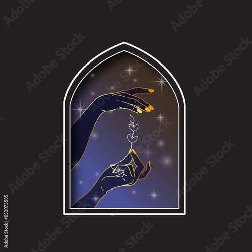 Mystic  hands in an arch holding a seedling