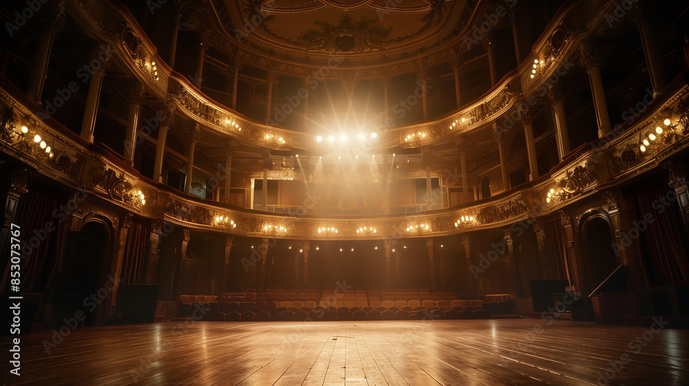 Wide shot of an Empty Elegant Classic Theatre with Spotlight Shot from the Stage. Well-lit Opera House with Beautiful Golden Decoration Ready to Recieve Audience for a Play or Ballet Show