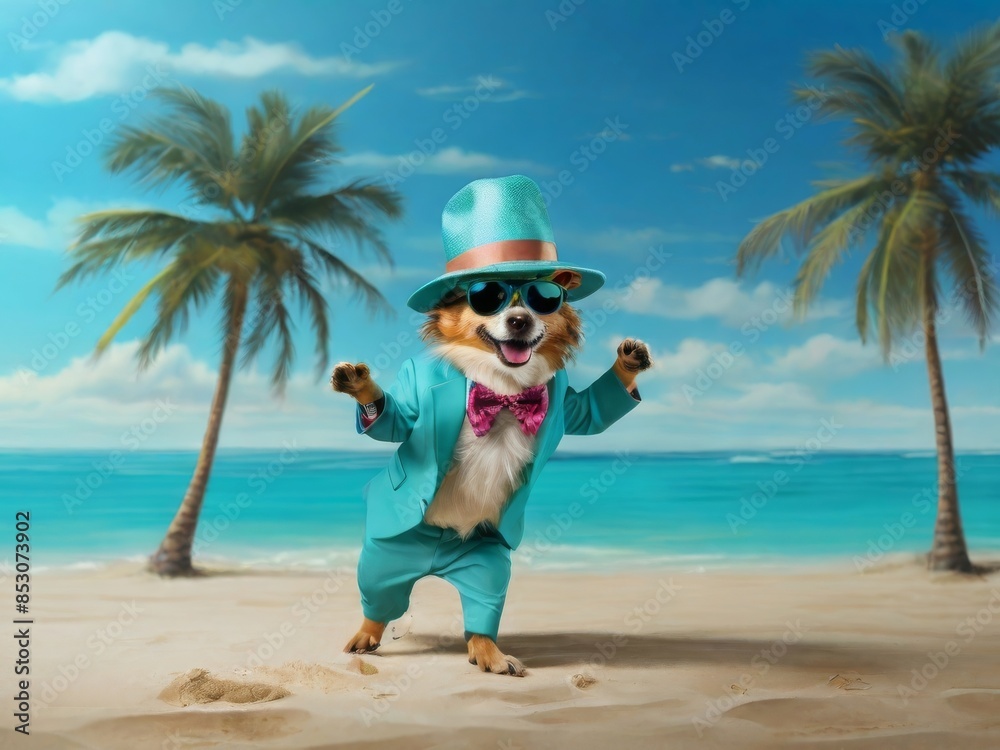 Summer dog character in a bright suit, hat and sunglasses dances on the beach by the sea. illustration with glamorous cartoon cheerful dog on the beach
