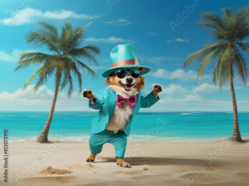 Obraz na płótnie Summer dog character in a bright suit, hat and sunglasses dances on the beach by the sea. illustration with glamorous cartoon cheerful dog on the beach w salonie