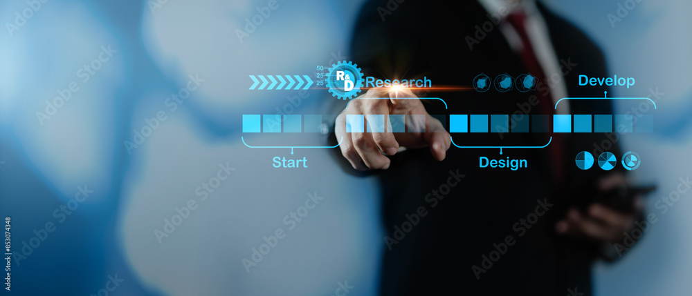 custom made wallpaper toronto digitalR and D, Research and Development concept. The businessman pointing to Research and development or R and D to remine new product development process explains the importance.