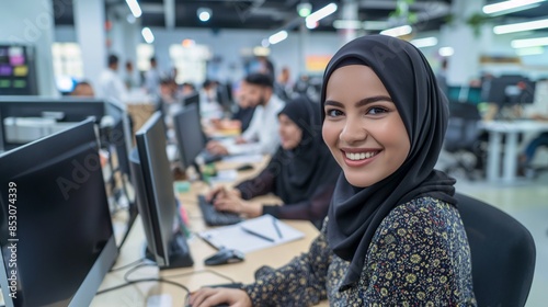 Muslim woman in hijab actively participates in creating digital marketing strategies with her team in an energetic open office.