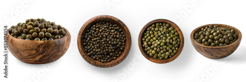 A set of Capers in wooden bowls isolated on a transparent background.