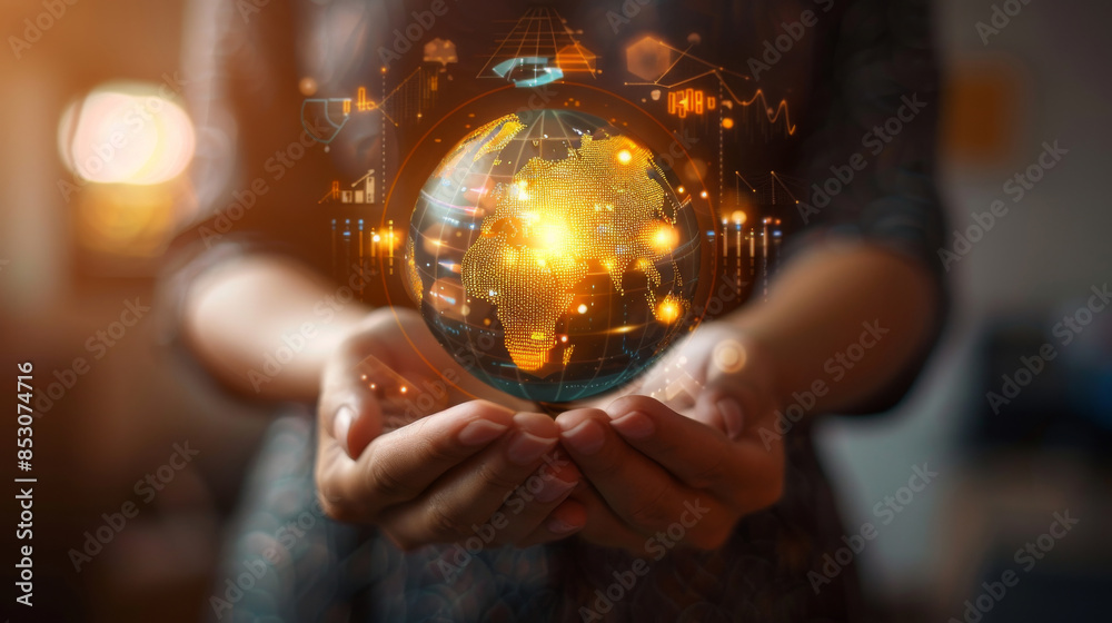 Fototapeta premium Businessman holding a globe with a bunch of numbers and graphs on it