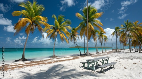 Fototapeta Naklejka Na Ścianę i Meble -  Palm Trees on a Tropical Beach: A picturesque view of tall palm trees swaying over a pristine, sandy beach with clear blue water in the background. 