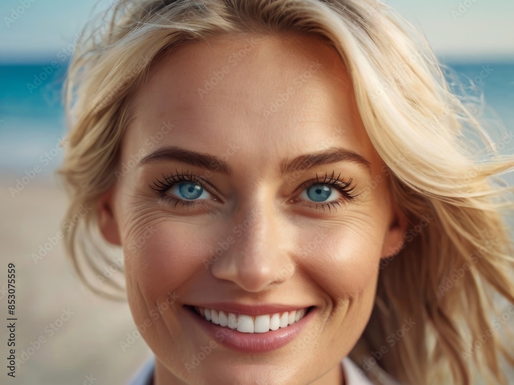 Close-up portrait of a beautiful happy blonde woman with long hair on the seashore. Summer tropical mood.