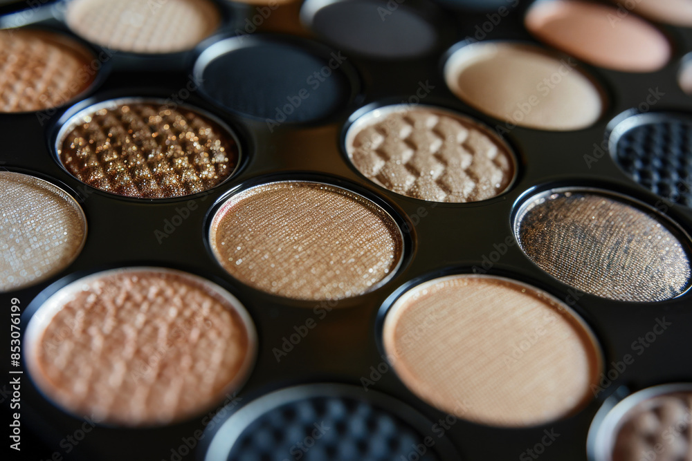 A makeup palette with a variety of colors, including browns and beige and black A makeup palette with a variety of colors, including browns and beige and black