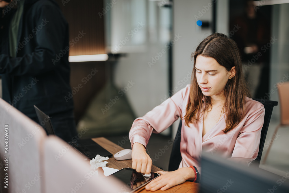 A young woman in a pink blouse is concentrating while working on her laptop at a well-organized office workspace. A young woman in a pink blouse is concentrating while working on her laptop at a well-organized office workspace.