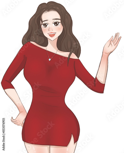 A brown hair woman in a red dress and wearing a diamond necklace 
