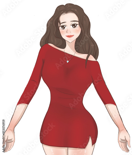 A brown hair woman in a red dress wearing a diamond necklace little smiling and acting warm
