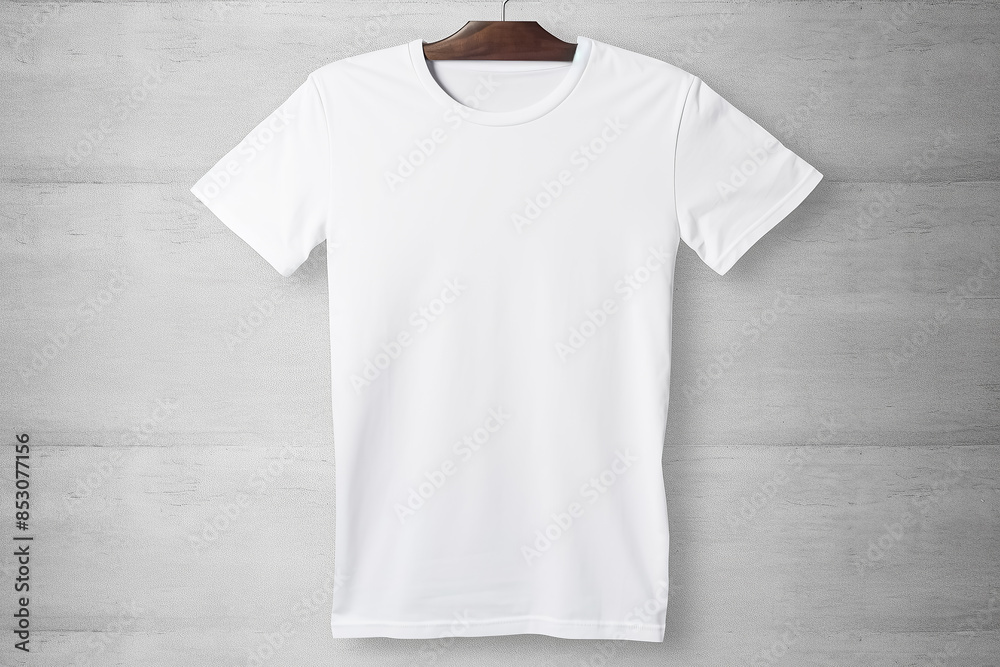 A white t-shirt hanging on a wall. A white t-shirt hanging on a wall.