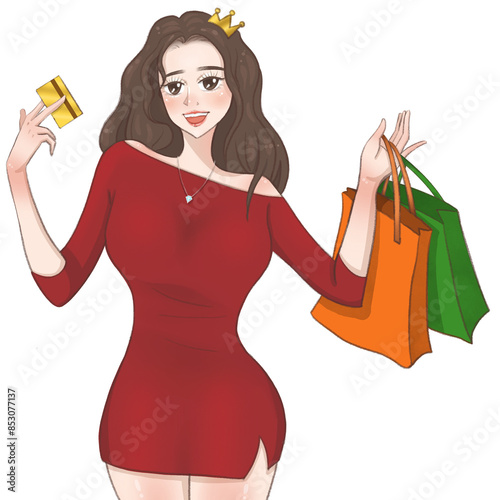 A brown hair woman in a red dress wearing a diamond necklace and crow holding a card and shopping bags
