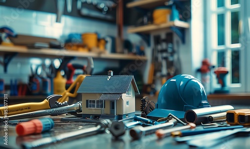 Wallpaper Mural Plumbing Essentials Desk with Tools, Model House, Pipe Wrench, Faucet, and Blue Hat for Shop and Services Torontodigital.ca