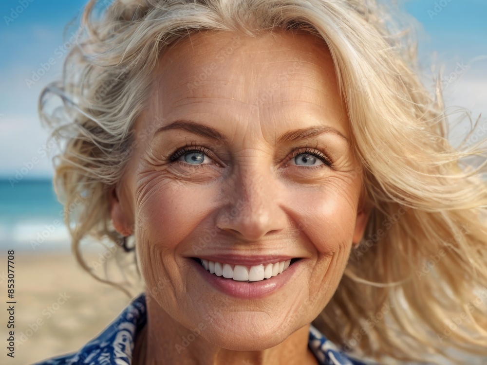 Well-groomed happy elderly blonde woman with long ash-colored hair on the seashore. Portrait of a 55 year old woman.