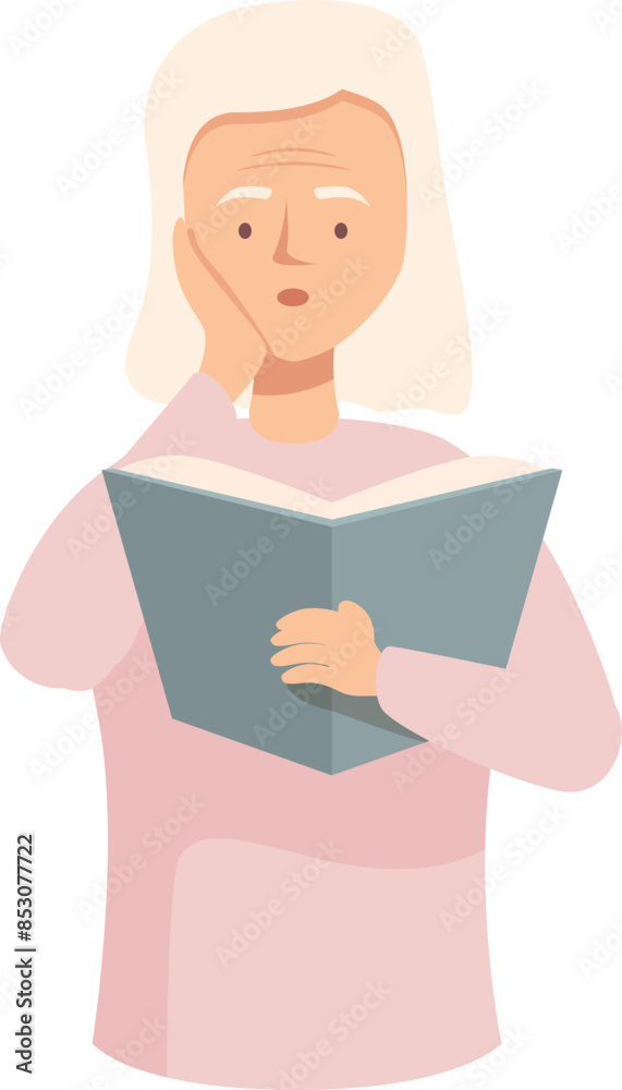 Old woman is reading an interesting book and holding her hand to her face in surprise Old woman is reading an interesting book and holding her hand to her face in surprise