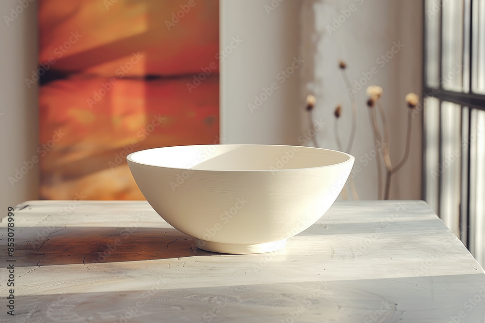 Table graced with minimalist design of ceramic bowl. Clean lines simple form and smooth surface complementing culinary setting at home. Table graced with minimalist design of ceramic bowl. Clean lines simple form and smooth surface complementing culinary setting at home.