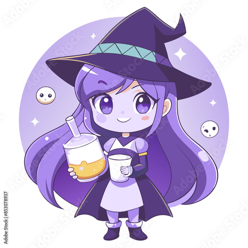 anime girl with long red hair, dressed in a witch costume, holding a bubbling milk potion with a Halloween-themed background