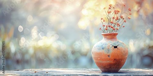 Vase relic with surface marred by time filled with flowers. Old solitary vase with cracks stands as poignant reminder of impermanence.