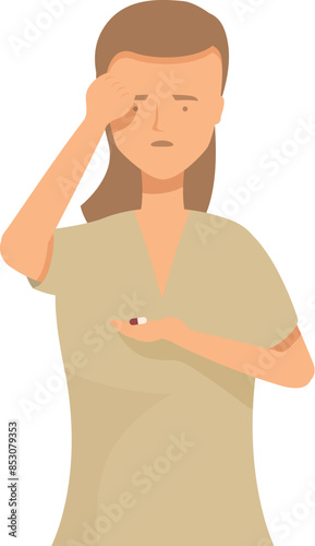 Sad young woman holding a pill in her hand and touching her forehead feeling unwell