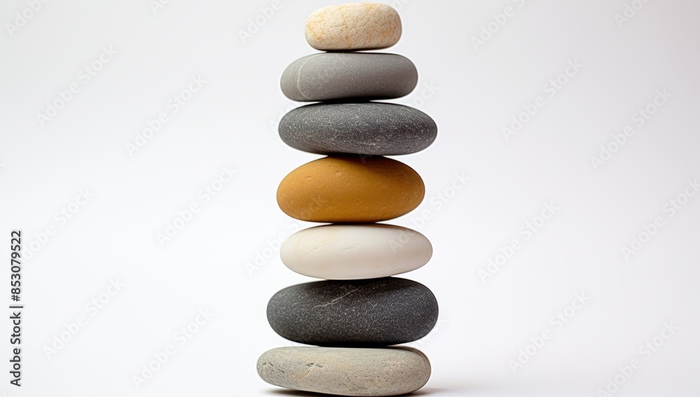 A stack of smooth, gray pebbles balanced precariously on a white surface.