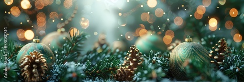 Festive Season Greetings: Fir Branches Adorned with Shimmering Balls - 3D Render