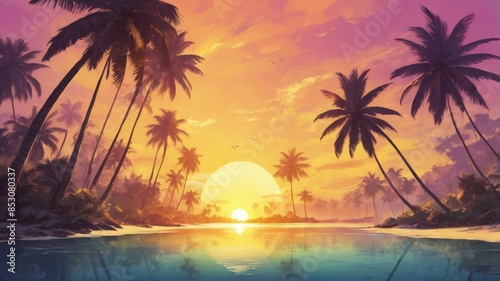 Obraz na płótnie Landscape of paradise tropical island beach, sunrise sunset view. Exotic scenery, palm trees, soft sand and calm sea. Summer beach landscape, vacation or tropical travel sunset colors clouds horizon w salonie