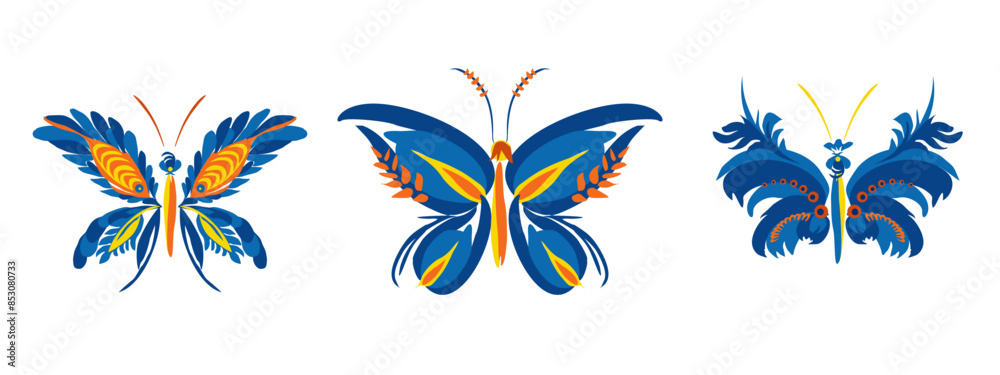 Obraz premium Beautiful butterfly. Stylized floral ornament. Flower symbol in yellow and blue colors. Summer mood