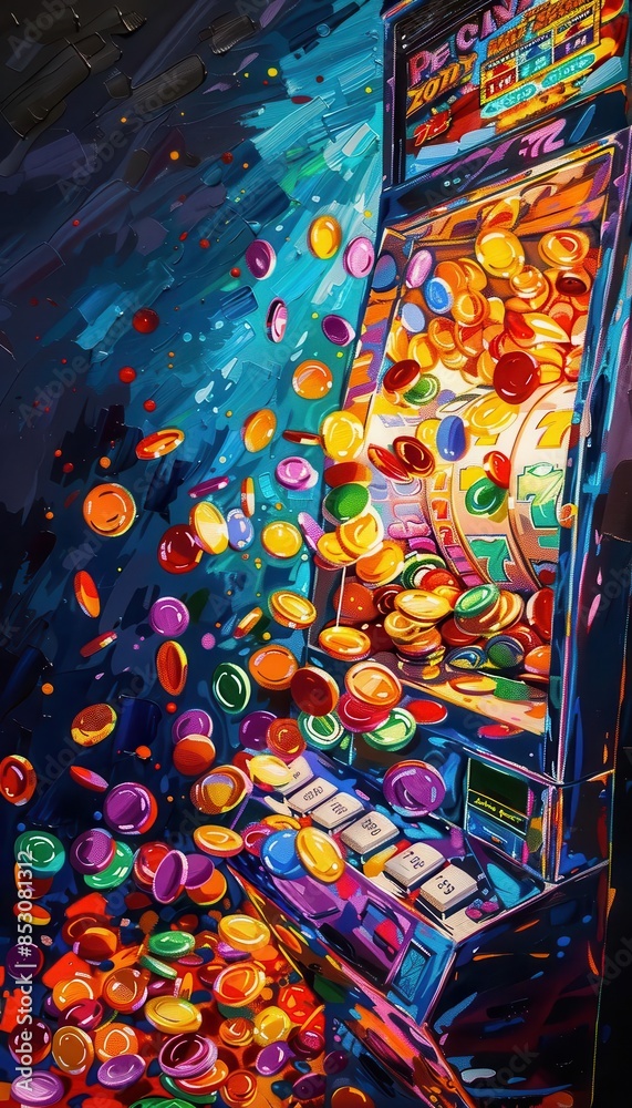 Fototapeta premium A vibrant, colorful digital illustration of a slot machine pouring out coins and tokens, symbolizing a big win in a casino.