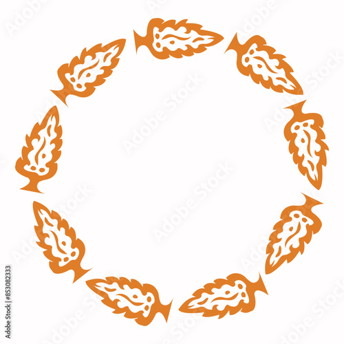 Round frame made of hand drawn  surrealistic symbol, seems like leaf or arrow. Orange color. Isolated on white background (backdrop). Nature. Eco. Fall. Vector illustration.