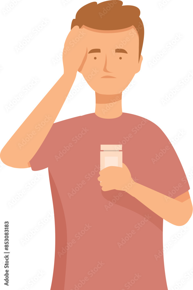 Young man is suffering from a headache and holding a bottle of pills Young man is suffering from a headache and holding a bottle of pills