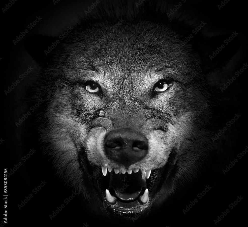 Fotografie The muzzle of an evil wolf on a black background