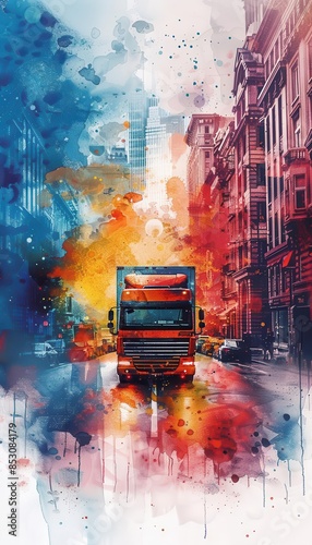 Vivid abstract painting of a truck driving through a colorful cityscape, blending vibrant splashes of blue, red, and yellow hues.