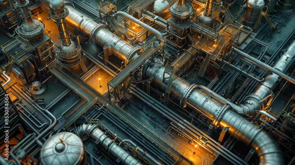 Aerial view of an industrial complex with intricate piping and machinery, showcasing the complexity and efficiency of modern engineering. Aerial view of an industrial complex with intricate piping and machinery, showcasing the complexity and efficiency of modern engineering.